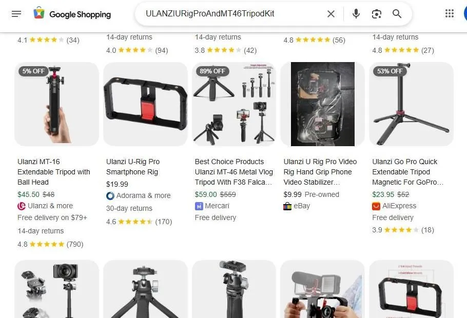 Google Shopping results for Ulanzi smartphone rig and tripod kits