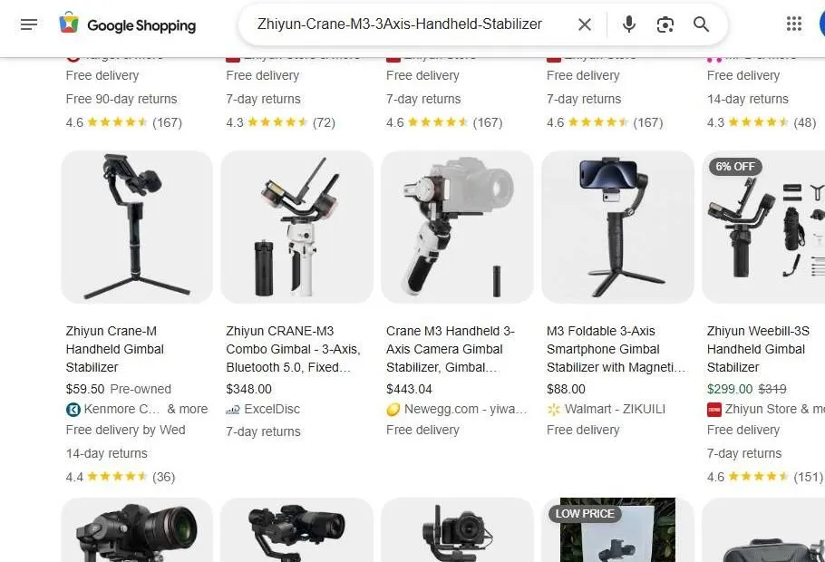 Google Shopping results for Zhiyun Crane M3 gimbals