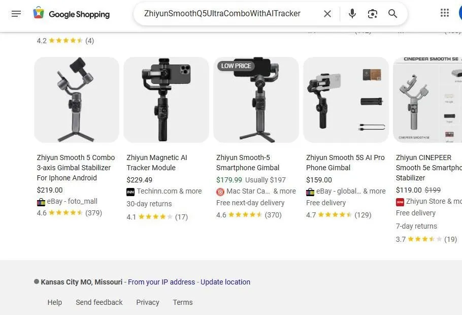 Google Shopping results for Zhiyun Smooth gimbals