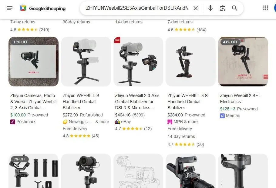 Google Shopping results for Zhiyun Weebill gimbals