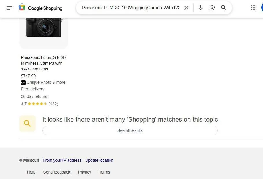 Google Shopping search results for a Panasonic Lumix G100D camera