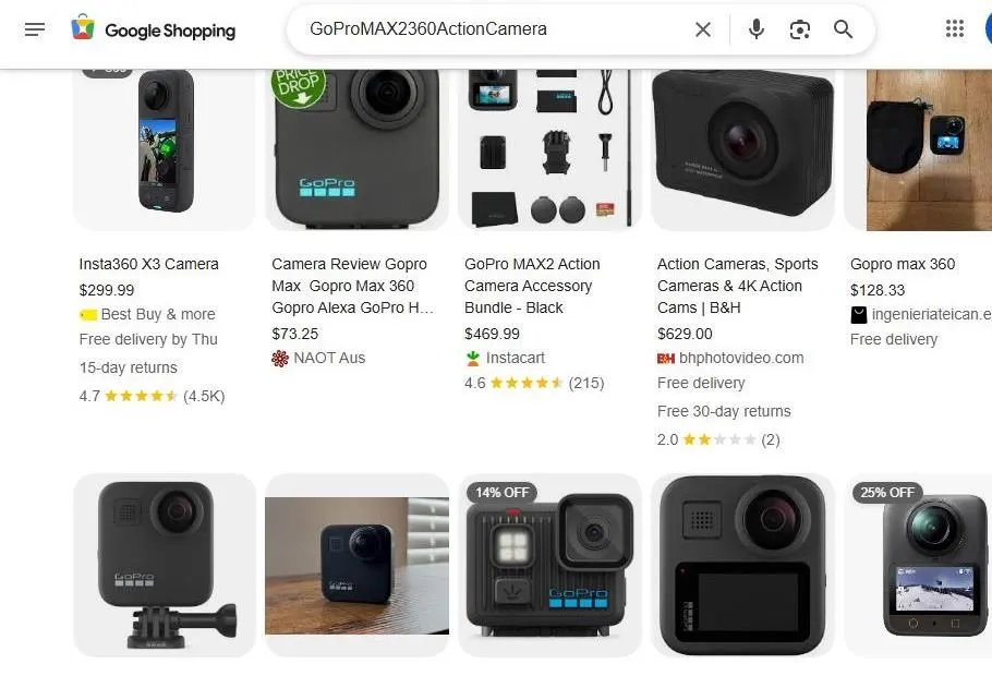 Google Shopping Search Results for GoPro MAX 360 Action Camera