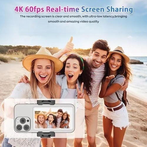 Group of friends beach photo and smartphone screen sharing feature display