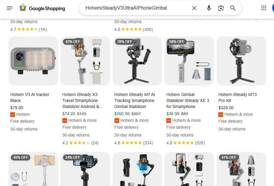Hohem Gimbal Search Results on Google Shopping
