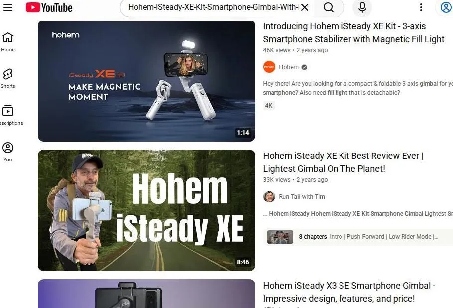 Hohem iSteady XE Smartphone Gimbal YouTube Search Results