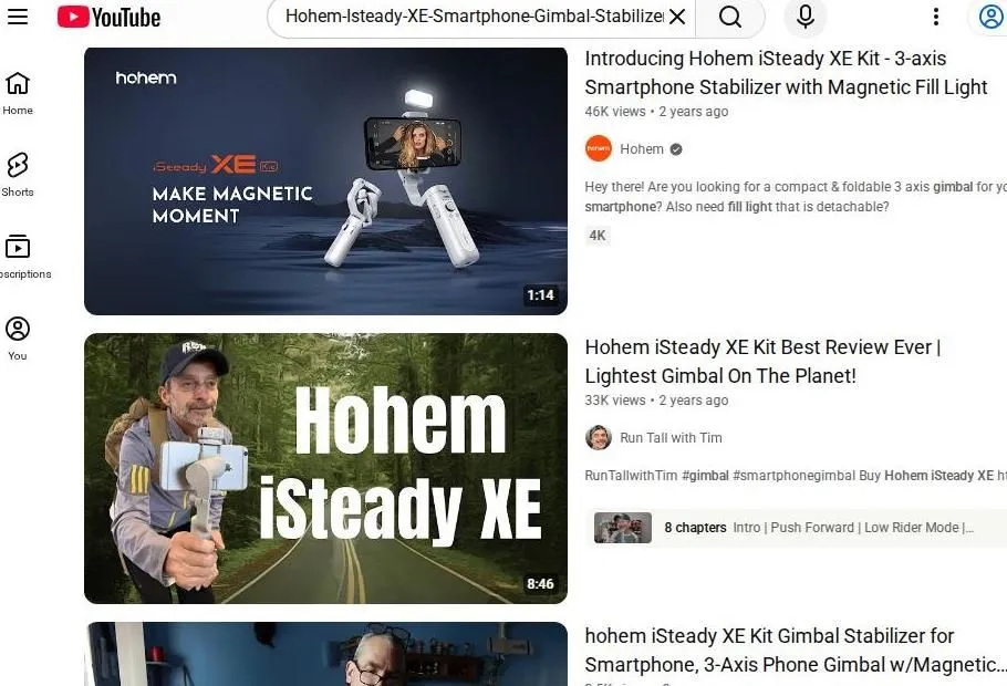 Hohem iSteady XE Smartphone Gimbal YouTube Search Results