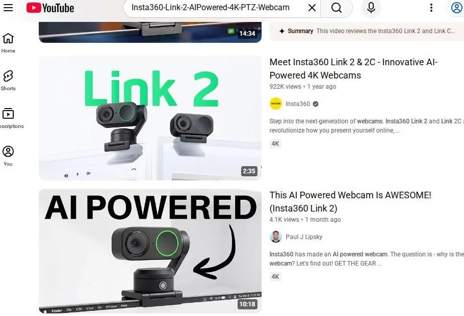 Insta360 Link 2 Series YouTube Search Results