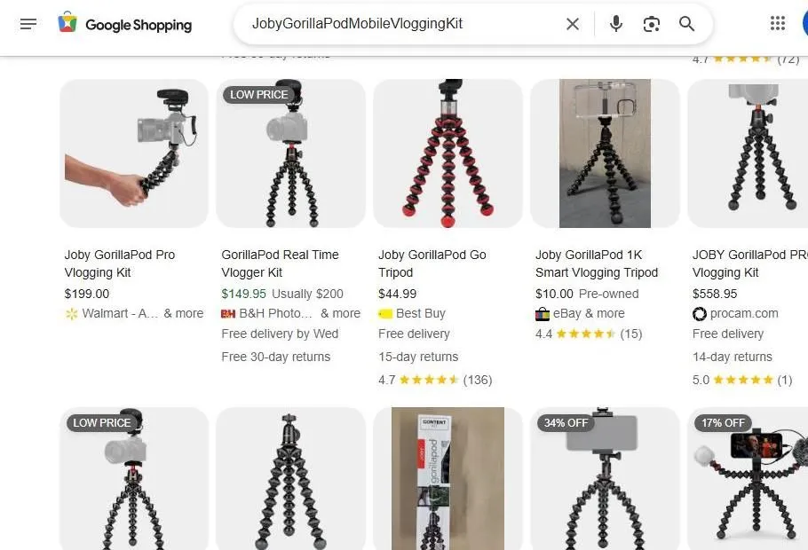Joby GorillaPod Shopping Results
