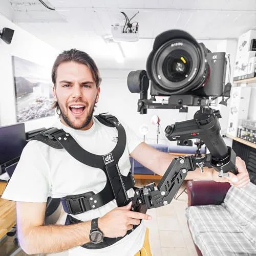 Man wearing a professional camera stabilization vest rig