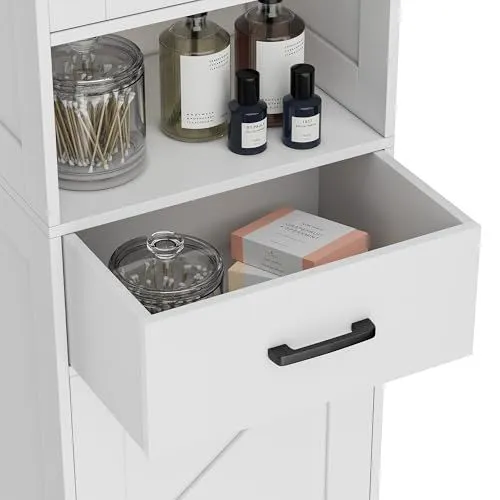 Modern White Bathroom Storage Cabinet with Open Shelf and Drawer