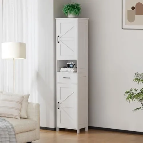 Modern White Farmhouse Tall Storage Cabinet