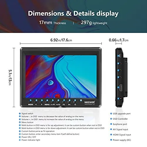 Neewer Field Monitor Dimensions and Port Layout