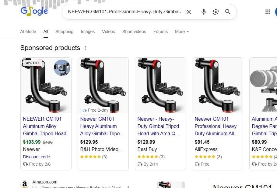 Neewer GM101 Gimbal Tripod Head Search Results