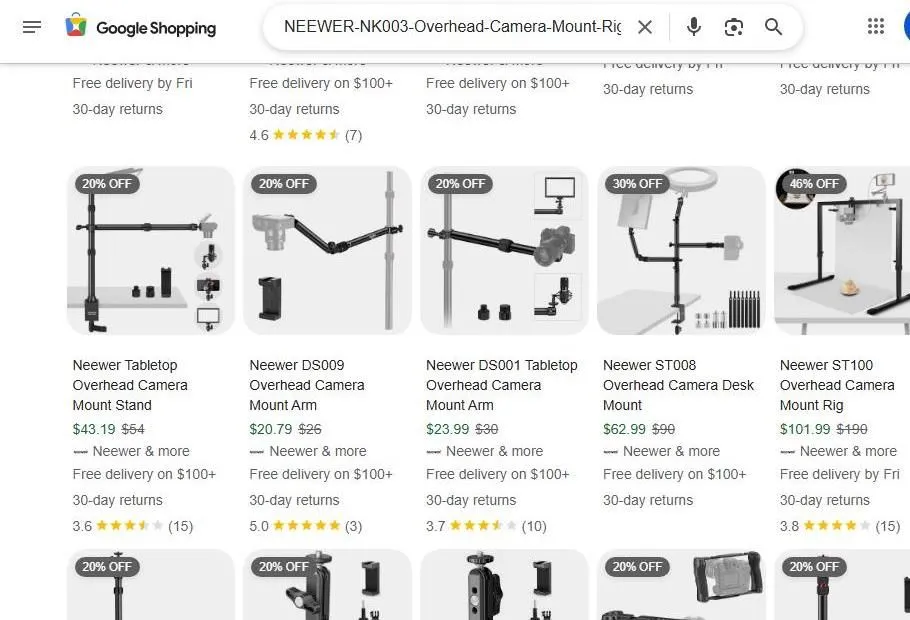 Neewer Overhead Camera Mount Options on Google Shopping
