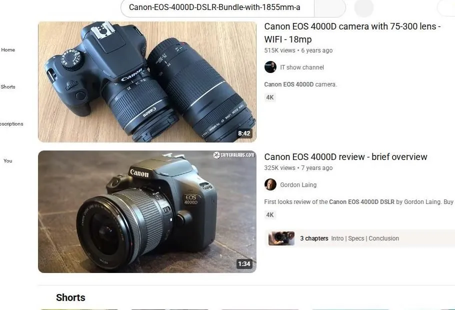 Overview of Canon EOS 4000D YouTube Search Results