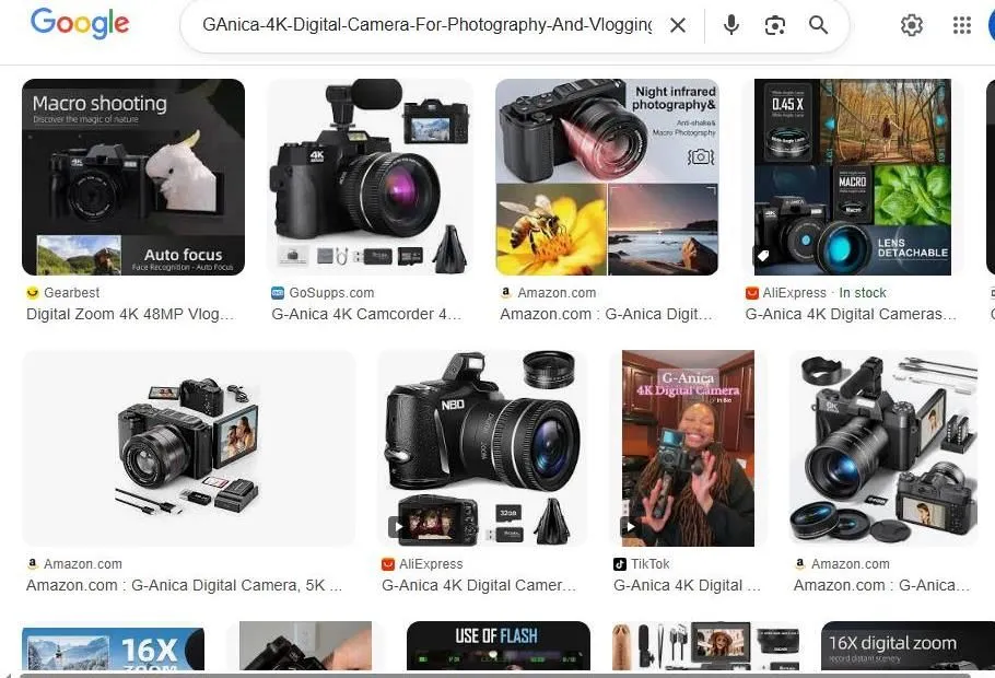 Overview of G-Anica 4K Digital Camera Search Results