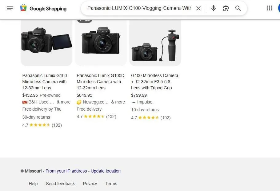 Panasonic Lumix G100 Google Shopping Results