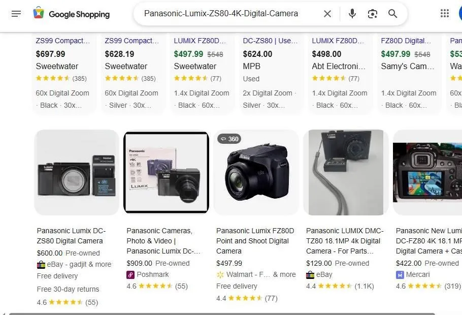 Panasonic Lumix ZS80 Google Shopping Search Results