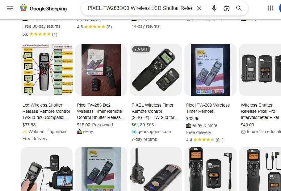 Pixel TW-283 Wireless Shutter Release Search Results