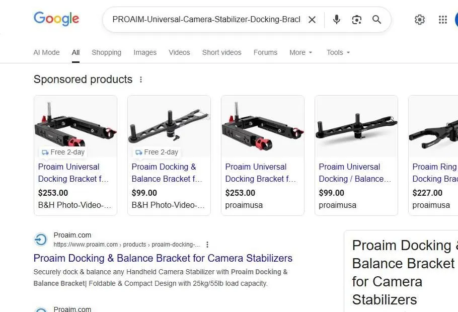 Proaim Camera Stabilizer Docking Bracket Search Results