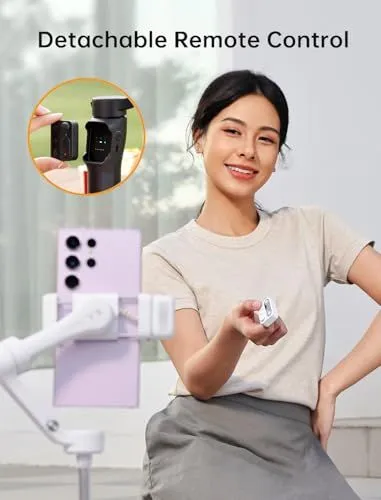 Product advertisement for a smartphone gimbal with a detachable remote control