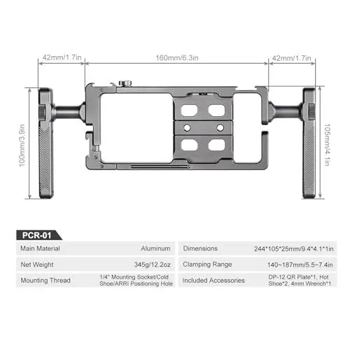 Product Specifications for PCR-01 Aluminum Phone Rig