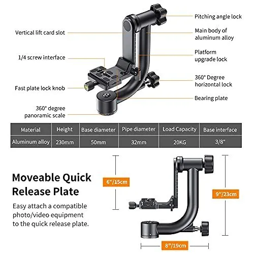 Professional Aluminum Gimbal Tripod Head Specifications