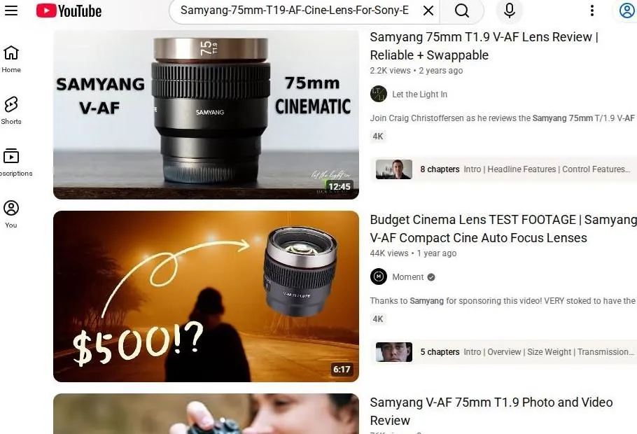Samyang V-AF 75mm T1.9 Cine Lens Search Results