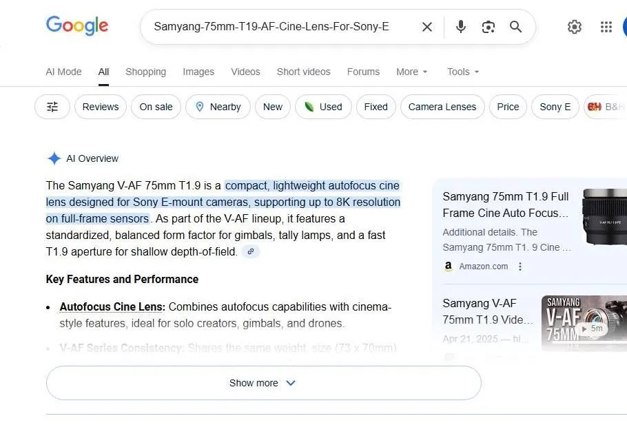 Samyang V-AF 75mm T1.9 Cine Lens Search Results