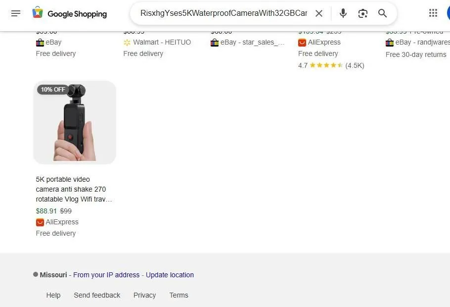 Screenshot of a Google Shopping search for a handheld 5K portable video camera