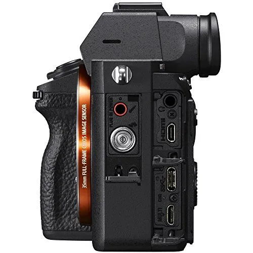 Side profile of a Sony Alpha mirrorless camera showing various input and output ports