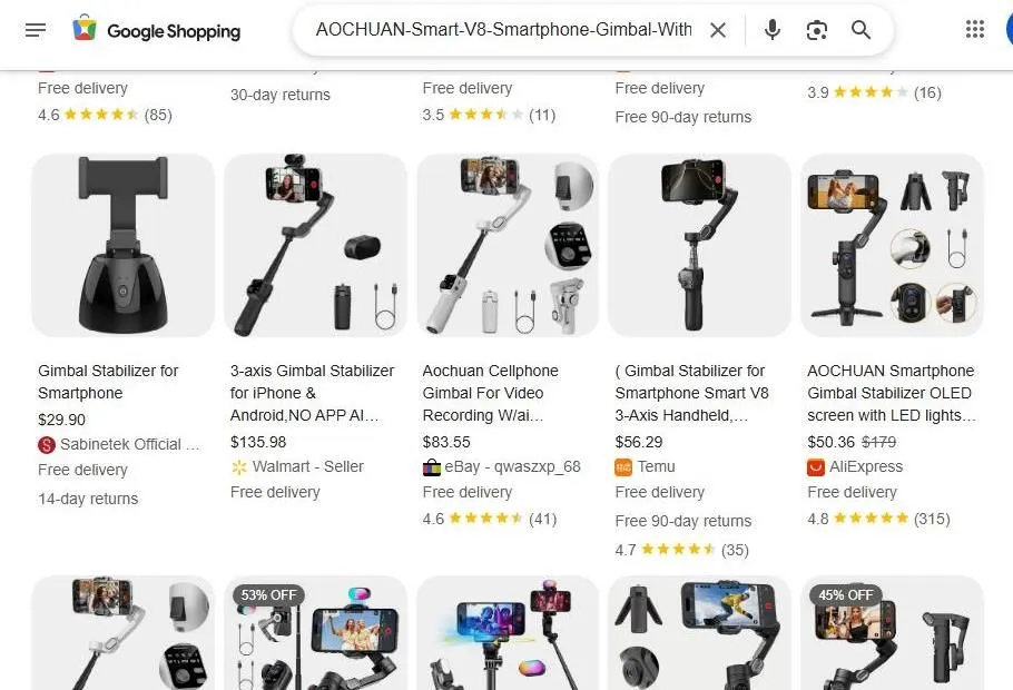 Smartphone Gimbal Product Search Results