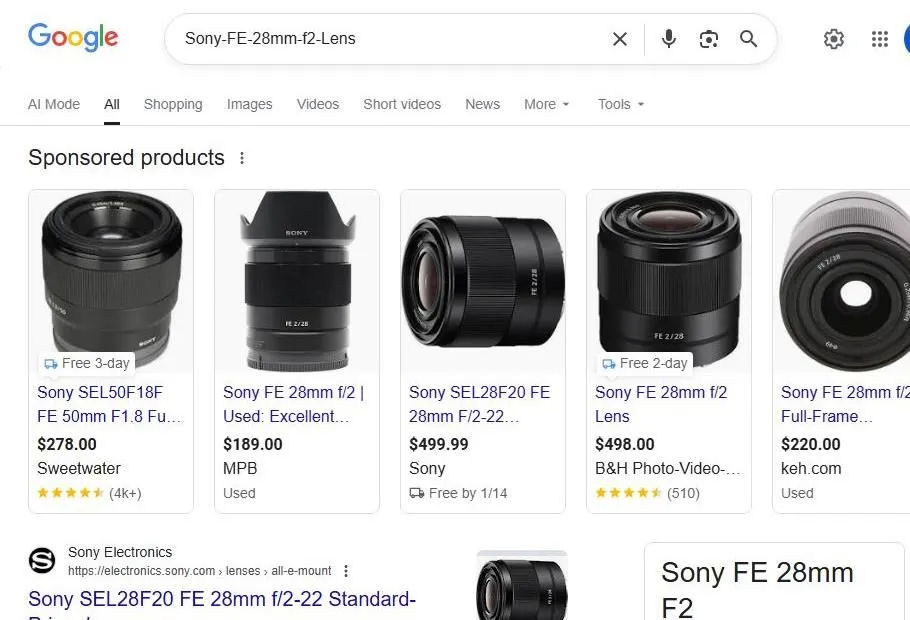 Sony FE 28mm f2 Lens Search Results