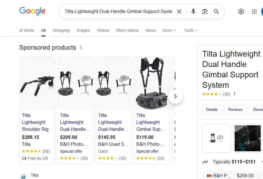 Tilta Lightweight Dual Handle Gimbal Support System Search Results