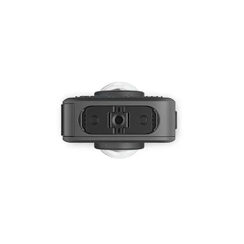 Top view of a black dual-lens 360-degree camera