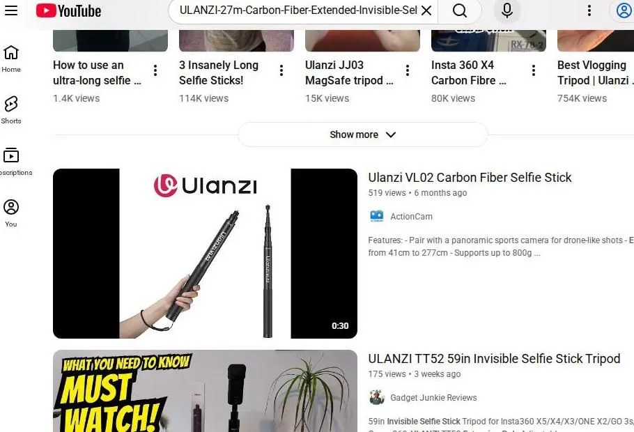 Ulanzi Carbon Fiber Selfie Stick YouTube Search Results