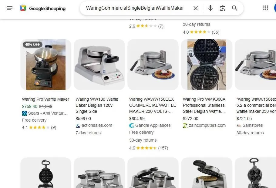 Waring Commercial Single Belgian Waffle Maker Search Results