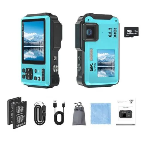 RisxhgYses 5K Waterproof Camera With 32GB Card Blue