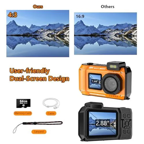 Waterproof Dual-Screen Digital Camera Specifications and Accessories