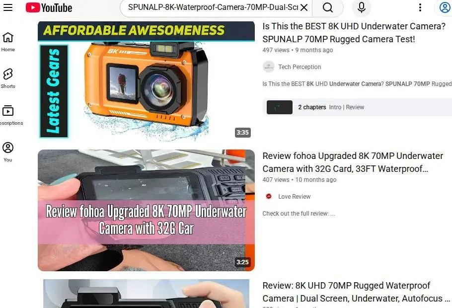 YouTube search results for 8K waterproof cameras