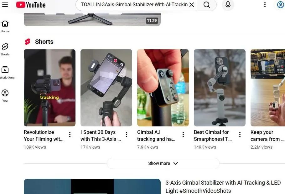 YouTube search results for a 3-Axis Gimbal Stabilizer with AI tracking