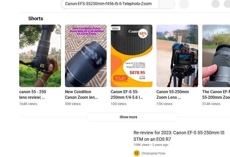 YouTube search results for a Canon telephoto zoom lens