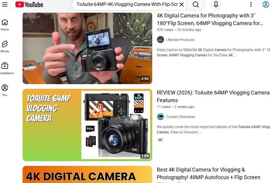 YouTube search results for a ToAuite 4k vlogging camera