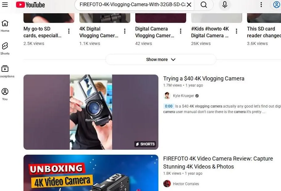 YouTube search results for a vlogging camera