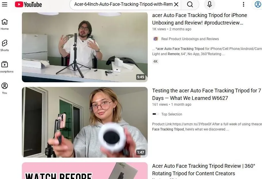 YouTube search results for Acer Auto Face Tracking Tripod