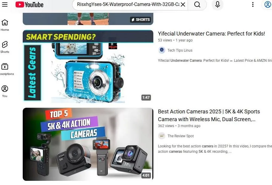 YouTube search results for action cameras