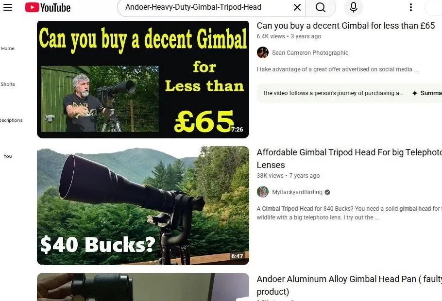 YouTube search results for affordable gimbal tripod heads