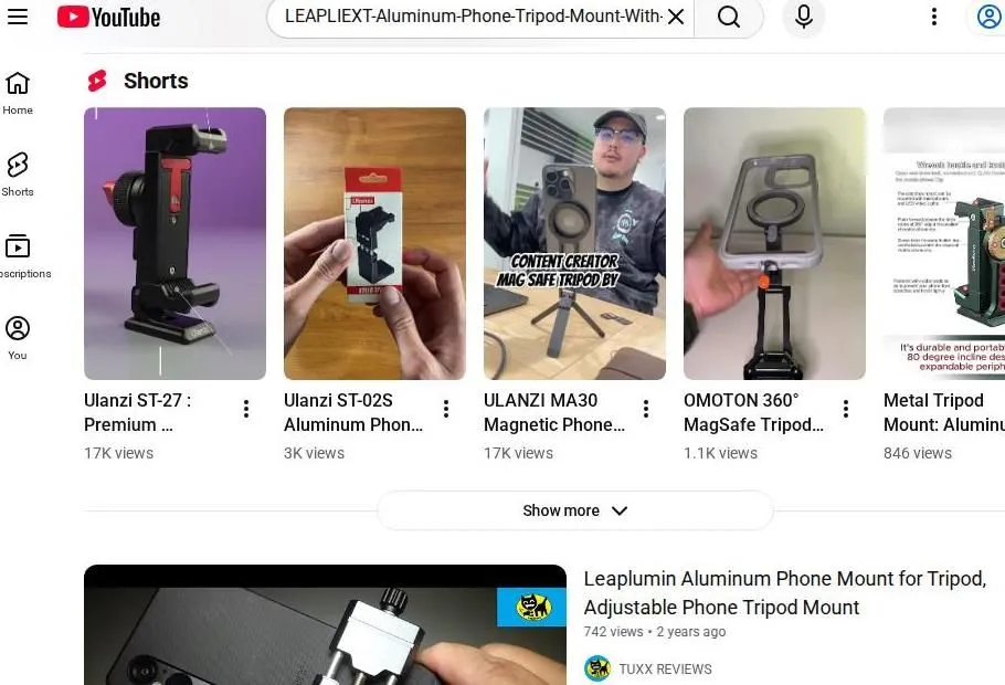 YouTube search results for aluminum phone tripod mounts