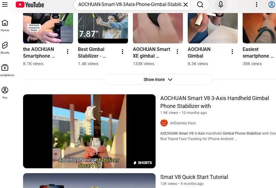 YouTube search results for AOCHUAN Smart V8 Gimbal