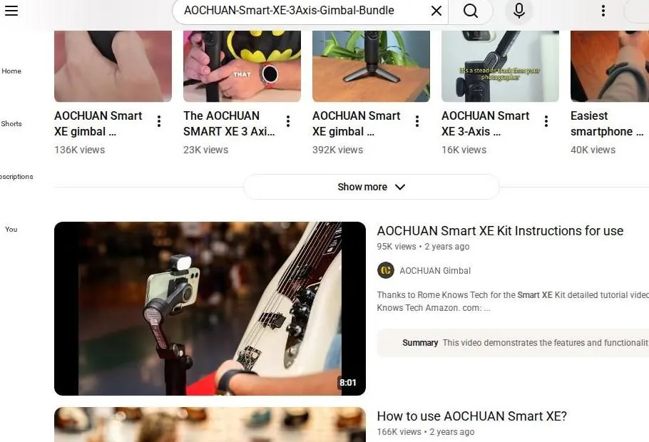 YouTube search results for AOCHUAN Smart XE gimbal
